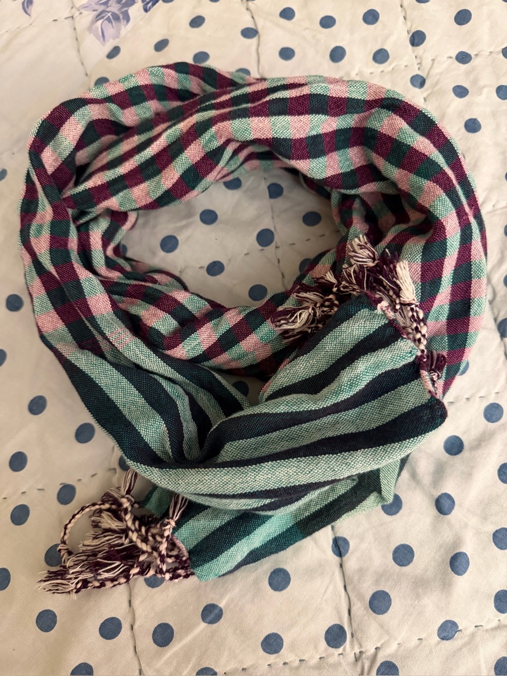 Cambodian Krama handmade neck scarf greens purples lightweight